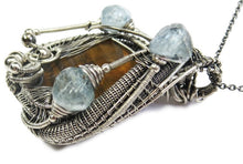 Load image into Gallery viewer, Petrified Wood and Aquamarine Pendant, Wire-Wrapped in Sterling Silver