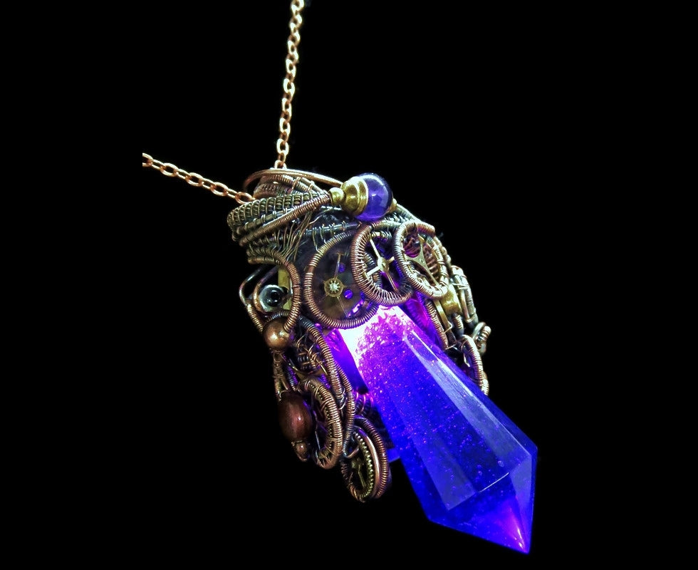 Purple Crystal Resin Gem LED Steampunk Pendant in Bronze | Heather ...