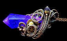 Load image into Gallery viewer, Purple Crystal Resin Gem LED Steampunk Pendant in Bronze