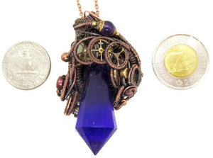 Purple Crystal Resin Gem LED Steampunk Pendant in Bronze