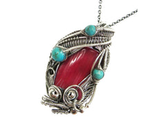 Load image into Gallery viewer, Red Coral Steampunk Pendant with Turquoise and Watch Gears