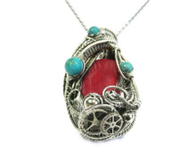 Load image into Gallery viewer, Red Coral Steampunk Pendant with Turquoise and Watch Gears