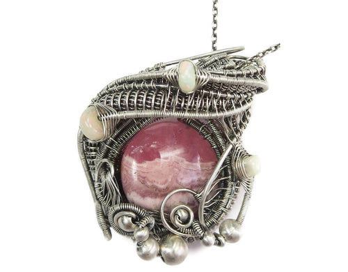 Rhodochrosite Wire Wrap Pendant with Ethiopian Welo Opals