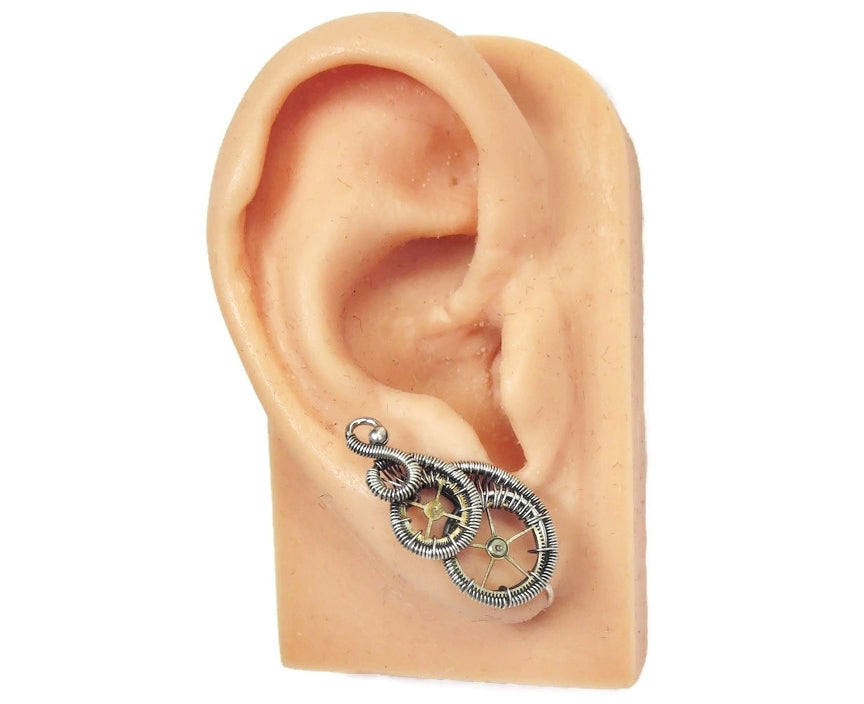 Sterling Silver Steampunk Ear Pins with Brass Watch Gears; 