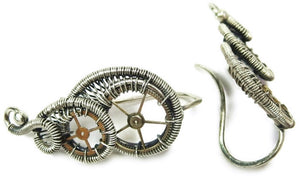 Sterling Silver Steampunk Ear Pins with Brass Watch Gears; "Rolling Wave" Model - Heather Jordan Jewelry