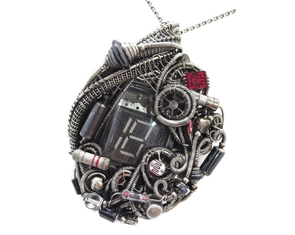 Nixie Tube Steampunk/Cyberpunk Fusion Pendant with Upcycled Watch &  Electronic Parts