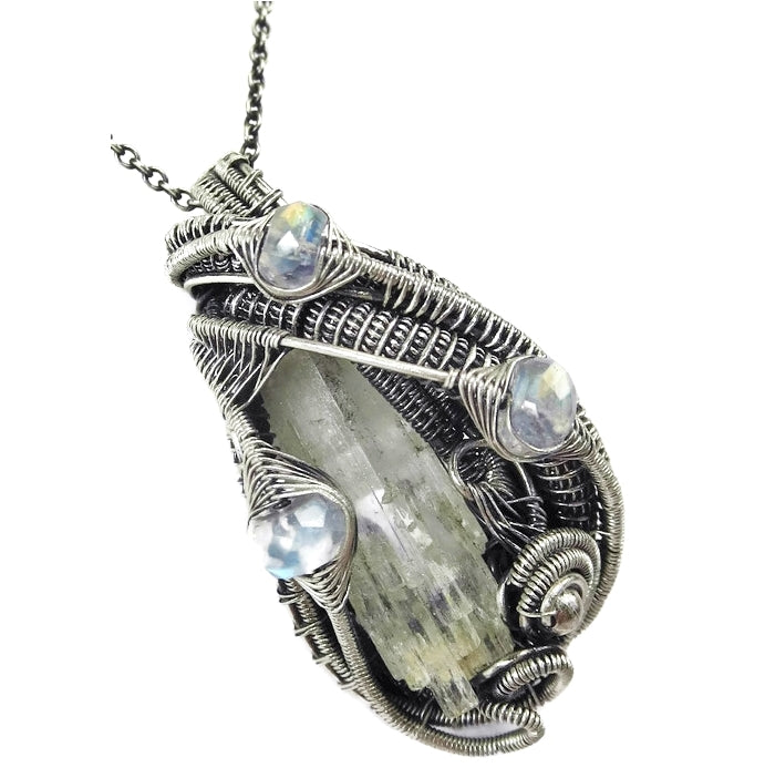 Aquamarine Crystal Wire-Wrapped Pendant in Sterling Silver with Rainbow Moonstone