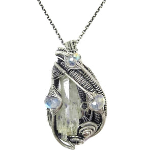Aquamarine Crystal Wire-Wrapped Pendant in Sterling Silver with Rainbow Moonstone - Heather Jordan Jewelry