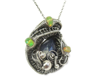Blue Sapphire Wire-Wrapped Pendant with Ethiopian Welo Opals