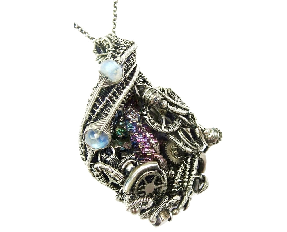 Steampunk Bismuth Crystal Pendant with Rainbow Moonstone