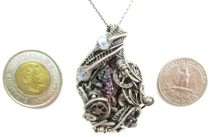 Steampunk Bismuth Crystal Pendant with Rainbow Moonstone