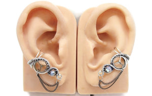 Sterling Silver Steampunk Ear Cuffs with Chain and Swarovski Crystal