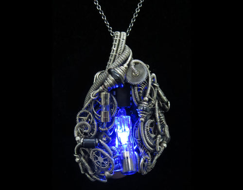 Blue Flickering Nixie Tube Steampunk-Cyberpunk Fusion Pendant