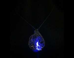 Blue LED Nixie Tube Pendant with Upcycled Electronic and Watch Parts, Steampunk/Cyberpunk Fusion