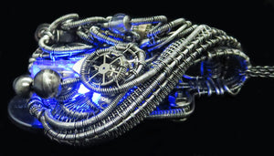 Blue LED Nixie Tube Pendant with Upcycled Electronic and Watch Parts, Steampunk/Cyberpunk Fusion