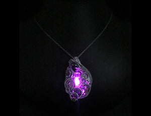 Pink LED Nixie Tube Pendant with Upcycled Electronic and Watch Parts, Steampunk/Cyberpunk Fusion