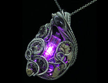Load image into Gallery viewer, Pink LED Nixie Tube Pendant with Upcycled Electronic and Watch Parts, Steampunk/Cyberpunk Fusion