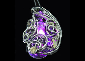 Pink LED Nixie Tube Pendant with Upcycled Electronic and Watch Parts, Steampunk/Cyberpunk Fusion