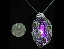 Load image into Gallery viewer, Pink LED Nixie Tube Pendant with Upcycled Electronic and Watch Parts, Steampunk/Cyberpunk Fusion