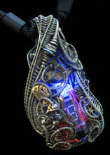 Load image into Gallery viewer, Cyberpunk Nixie Tube Necklace with Upcycled Electronic and Watch Parts, Blue &amp; Orange LED