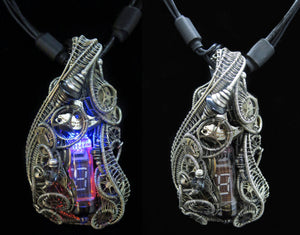 Cyberpunk Nixie Tube Necklace with Upcycled Electronic and Watch Parts, Blue & Orange LED