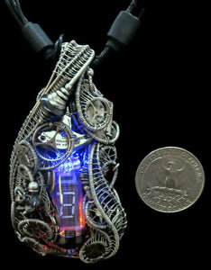 Cyberpunk Nixie Tube Necklace with Upcycled Electronic and Watch Parts, Blue & Orange LED