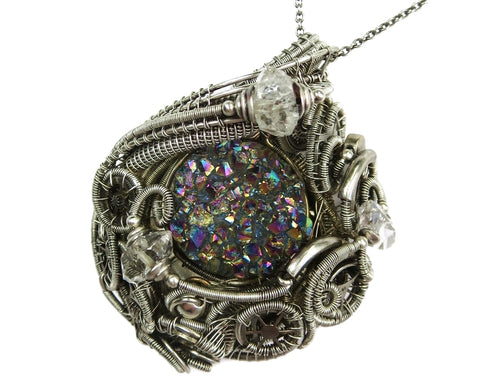 Titanium Druzy Steampunk Pendant with Herkimer Diamonds in Sterling Silver