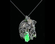 Load image into Gallery viewer, Uranium Glass Pendant with Upcycled Electronic and Watch Parts, Steampunk/Cyberpunk Fusion UV LED
