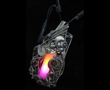 Load image into Gallery viewer, Sunrise-Sunset Steampunk/Cyberpunk Fusion Necklace in Sterling Silver with Upcycled Watch Parts &amp; LEDs