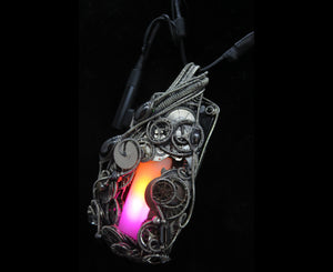 Sunrise-Sunset Steampunk/Cyberpunk Fusion Necklace in Sterling Silver with Upcycled Watch Parts & LEDs