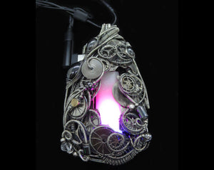 Sunrise-Sunset Steampunk/Cyberpunk Fusion Necklace in Sterling Silver with Upcycled Watch Parts & LEDs