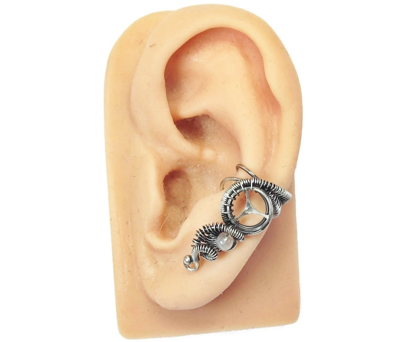 Custom Gemstone and Sterling Silver Steampunk Ear Cuff; 