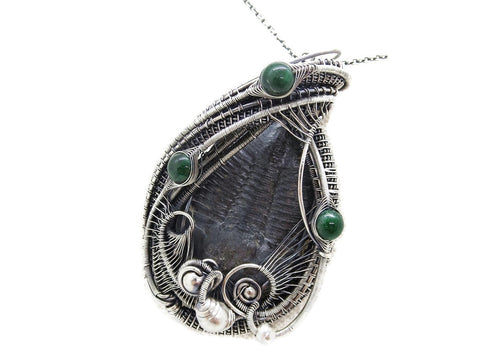 Trilobite Fossil Pendant with Emerald, Asaphiscus wheeleri Wire Wrap in Sterling Silver
