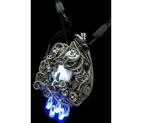 Thunderstorm Necklace with Upcycled Electronic and Watch Parts, Steampunk/Cyberpunk Fusion, LEDs