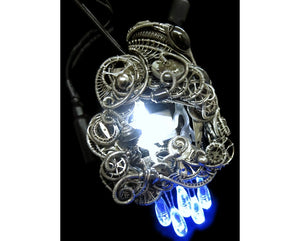 Thunderstorm Necklace with Upcycled Electronic and Watch Parts, Steampunk/Cyberpunk Fusion, LEDs