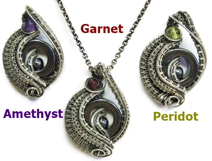 Hematite Mini-Woven Donut Pendant in Sterling Silver - Garnet, Amethyst or Peridot