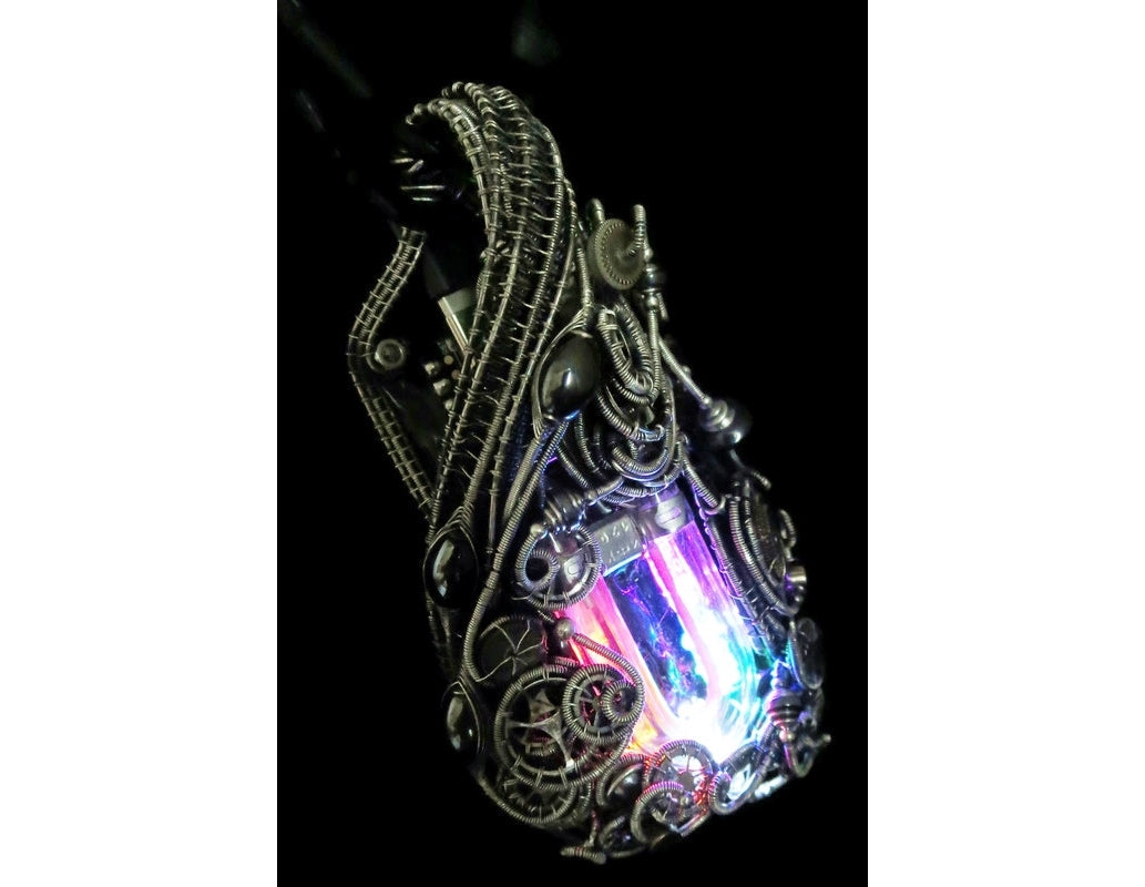 Rainbow U-Flashbulb Necklace with Upcycled Electronic and Watch Parts, Steampunk/Cyberpunk Fusion LED
