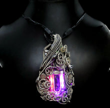 Load image into Gallery viewer, Rainbow U-Flashbulb Necklace with Upcycled Electronic and Watch Parts, Steampunk/Cyberpunk Fusion LED