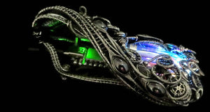 Rainbow U-Flashbulb Necklace with Upcycled Electronic and Watch Parts, Steampunk/Cyberpunk Fusion LED