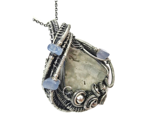 Worm Fossil Wire-Wrapped Pendant in Sterling Silver with Holly Blue Agate - Heather Jordan Jewelry