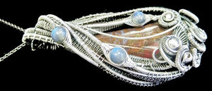 Plume Agate Wire-Wrapped Pendant in Antiqued Sterling Silver with Blue Labradorite - Heather Jordan Jewelry