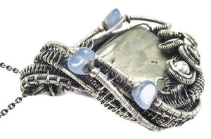 Worm Fossil Wire-Wrapped Pendant in Sterling Silver with Holly Blue Agate - Heather Jordan Jewelry