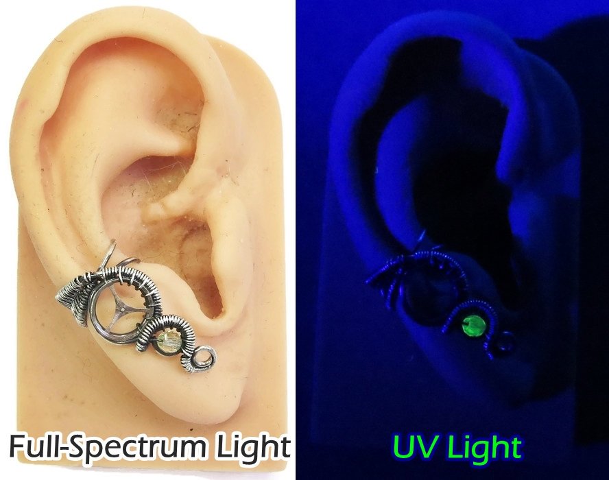 Uranium Glass & Antiqued Sterling Silver Steampunk Ear Cuff